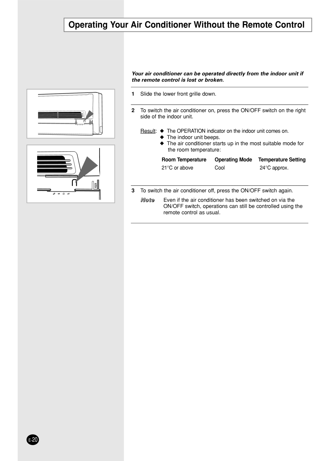 Samsung UST18S0GB, UST18S0GE Operating Your Air Conditioner Without the Remote Control, Room Temperature Operating Mode 