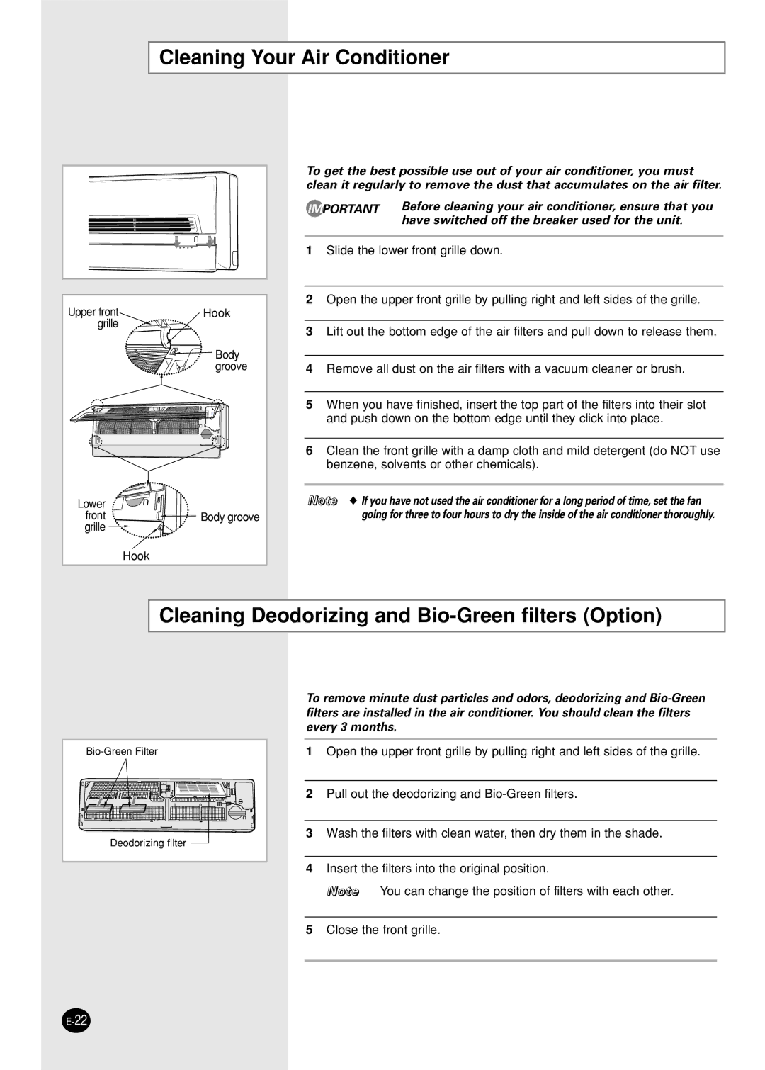 Samsung UST12SBGB, UST18S0GE, UST24S6GE Cleaning Your Air Conditioner, Cleaning Deodorizing and Bio-Green filters Option 