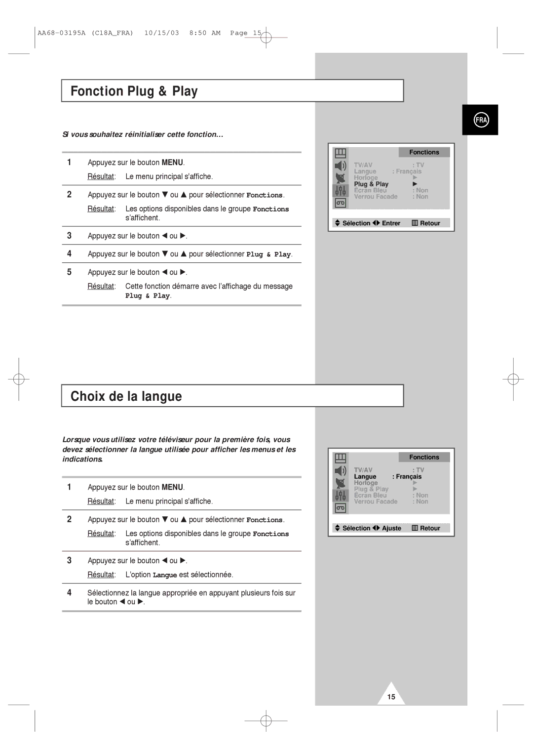 Samsung UW17J11VD5XXEF, UW17J11VD5XXEC Choix de la langue, Si vous souhaitez réinitialiser cette fonction…, Plug & Play 