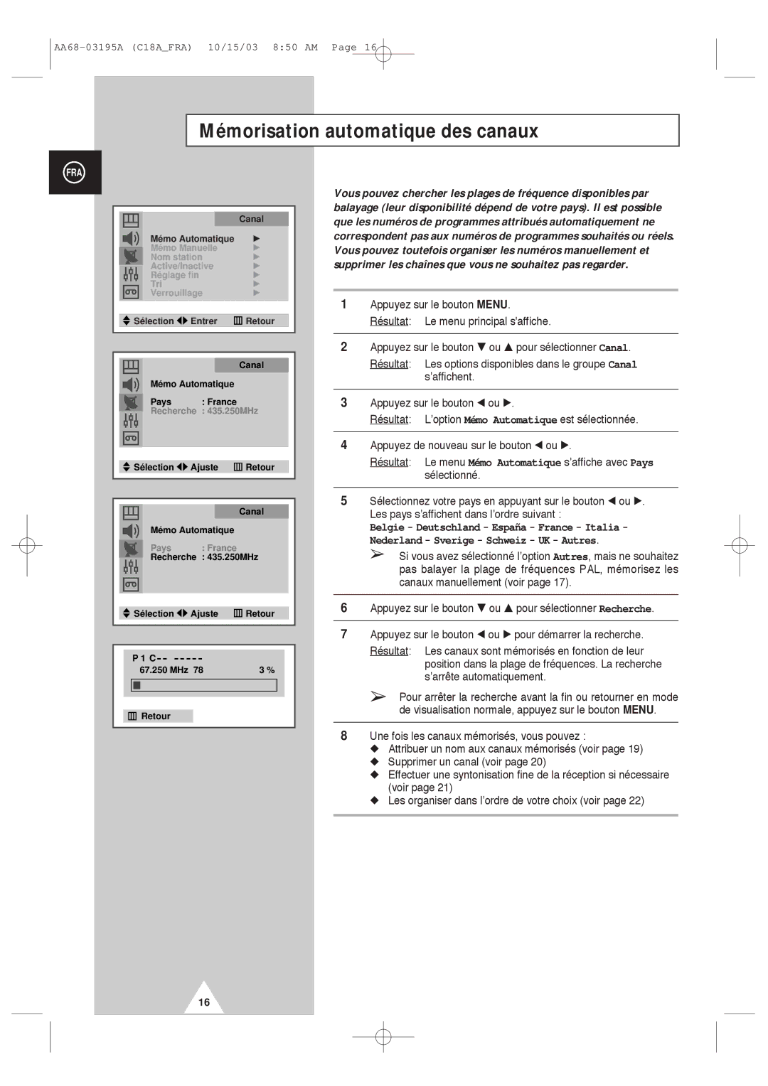 Samsung UW17J11VD5XXEC, UW17J11VD5XXEF manual Mémorisation automatique des canaux 