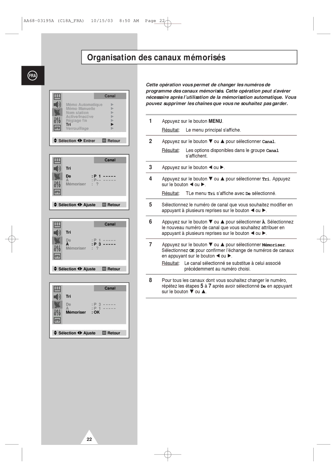 Samsung UW17J11VD5XXEC, UW17J11VD5XXEF manual Organisation des canaux mémorisés 