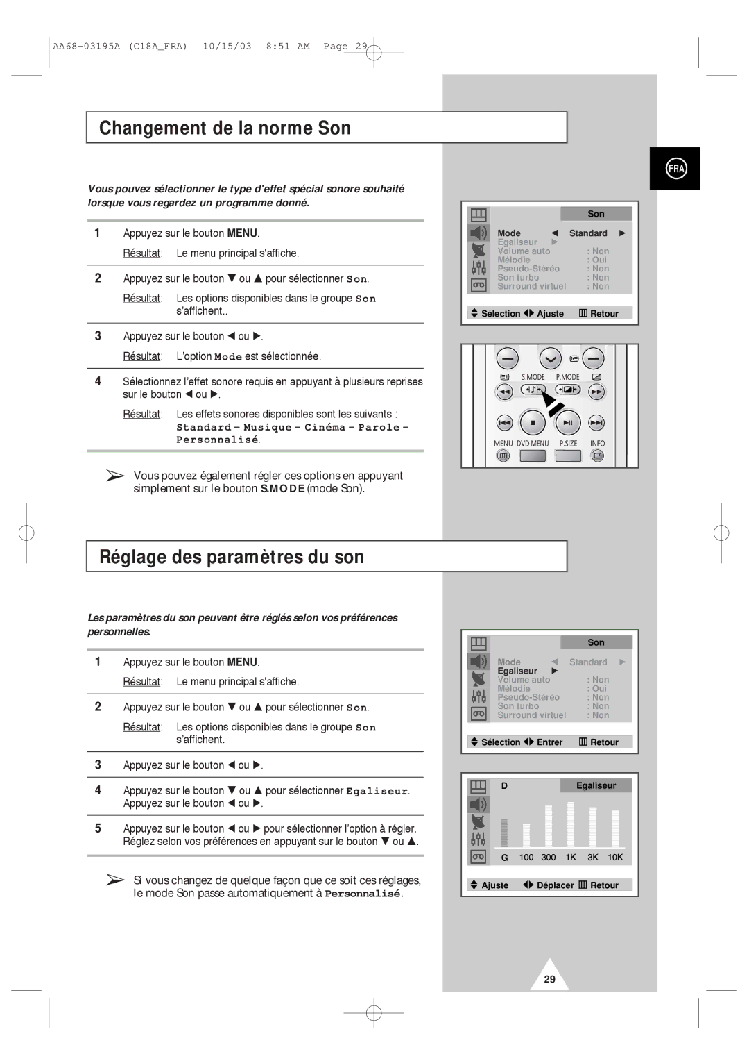 Samsung UW17J11VD5XXEF, UW17J11VD5XXEC manual Changement de la norme Son, Réglage des paramètres du son 