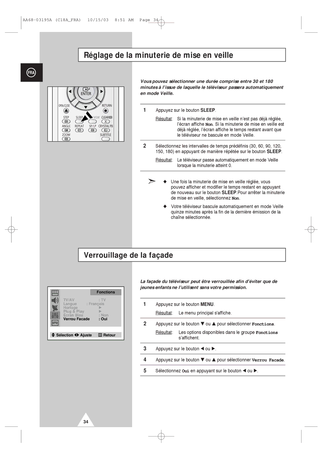 Samsung UW17J11VD5XXEC, UW17J11VD5XXEF manual Réglage de la minuterie de mise en veille, Appuyez sur le bouton Sleep 