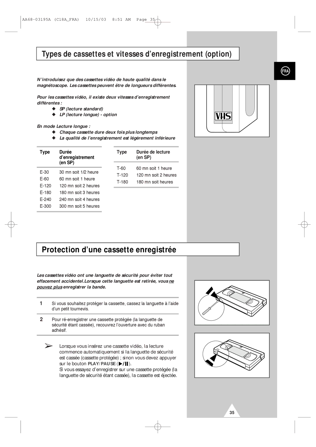 Samsung UW17J11VD5XXEF, UW17J11VD5XXEC Types de cassettes et vitesses d’enregistrement option, Type Durée de lecture En SP 