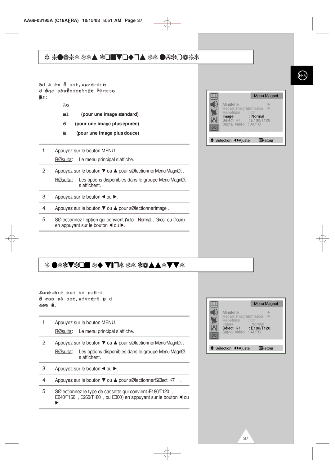 Samsung UW17J11VD5XXEF, UW17J11VD5XXEC manual Réglage des contours de limage, Sélection du type de cassette 