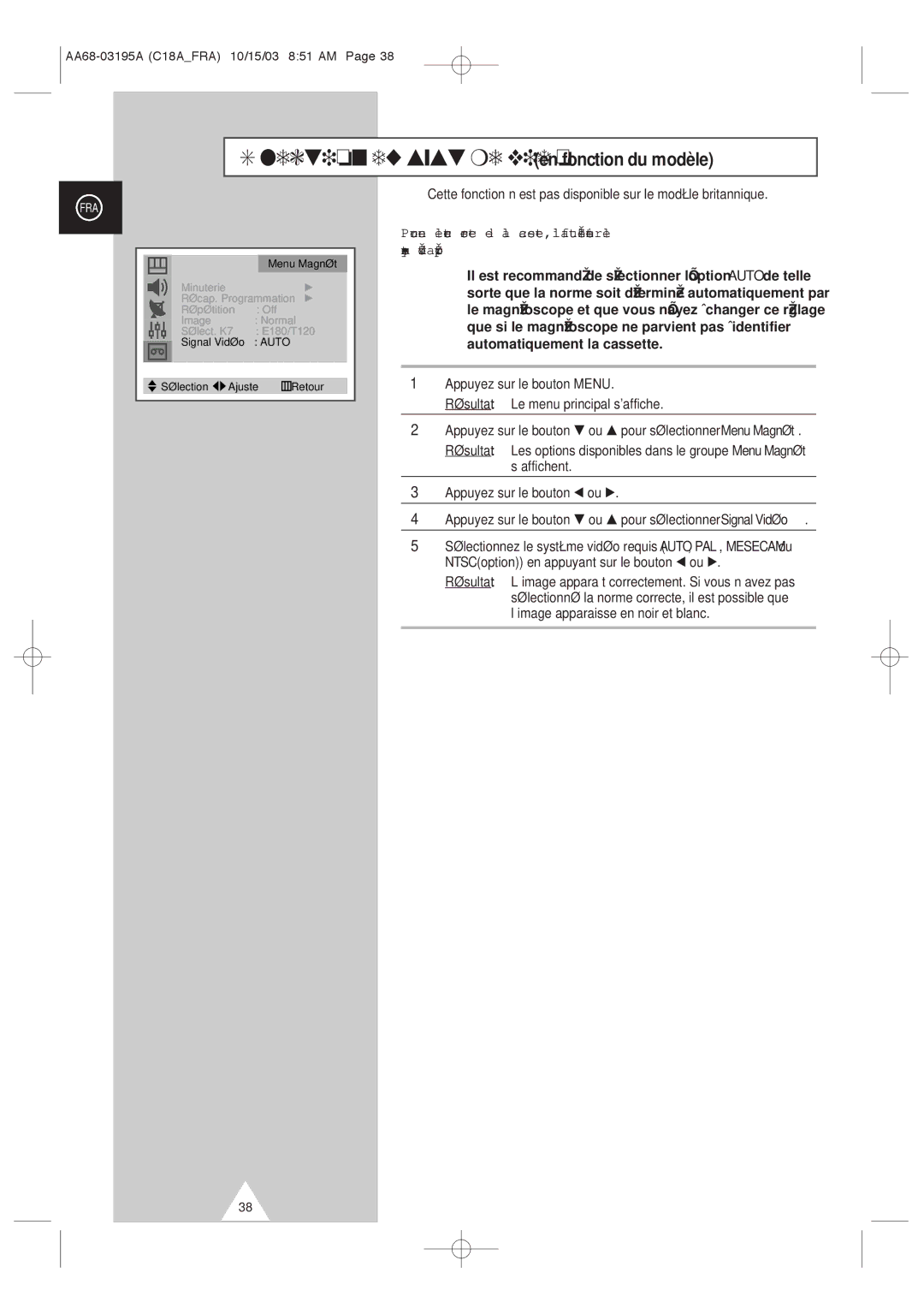 Samsung UW17J11VD5XXEC, UW17J11VD5XXEF manual Sélection du système vidéo en fonction du modèle 