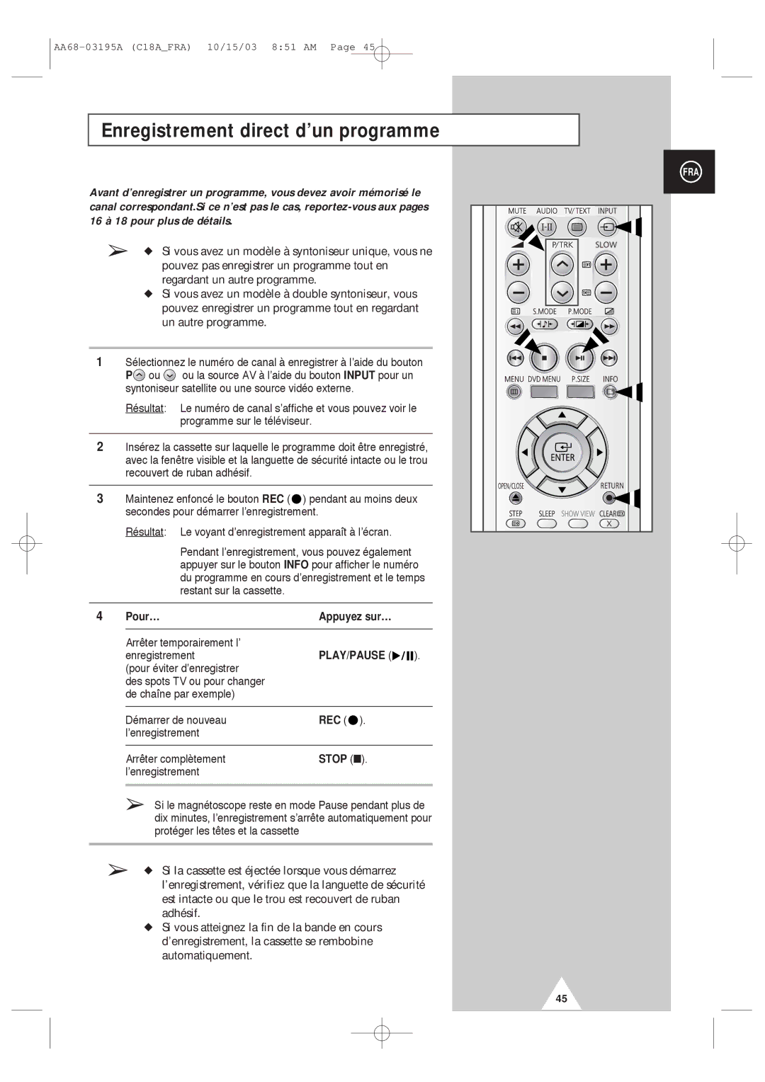 Samsung UW17J11VD5XXEF, UW17J11VD5XXEC manual Enregistrement direct d’un programme, Rec, Stop 