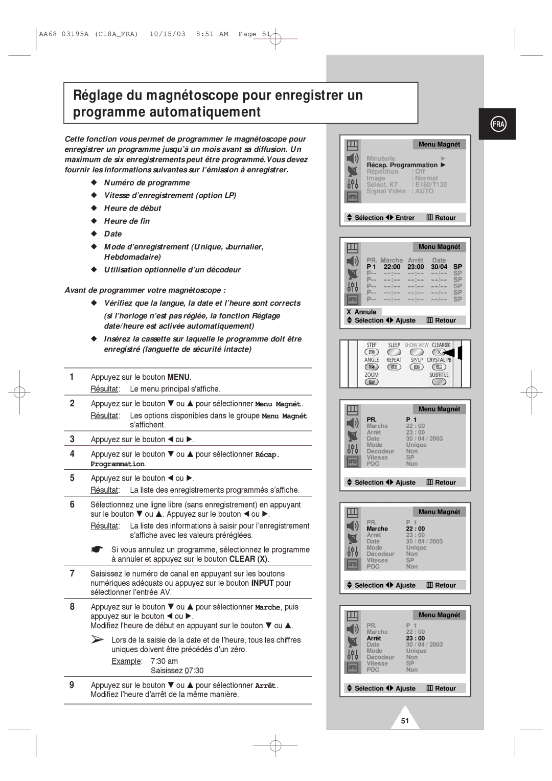 Samsung UW17J11VD5XXEF Numéro de programme, Vitesse d’enregistrement option LP, Heure de début Heure de fin, Hebdomadaire 