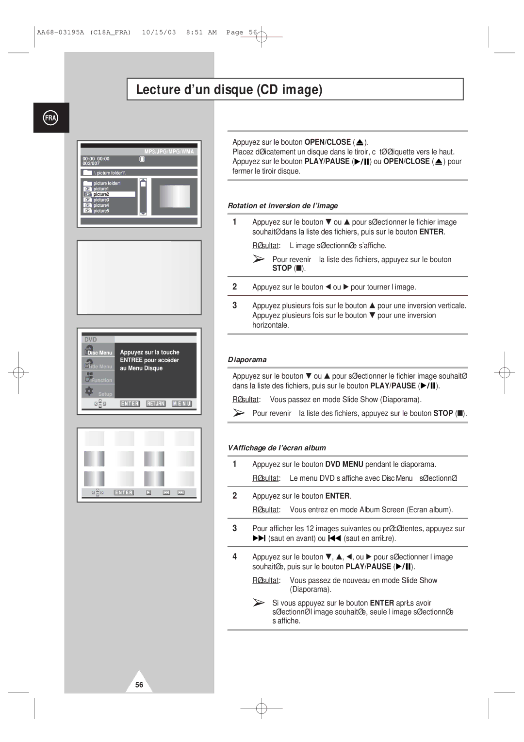 Samsung UW17J11VD5XXEC, UW17J11VD5XXEF manual Lecture d’un disque CD image, Rotation et inversion de l’image, Diaporama 