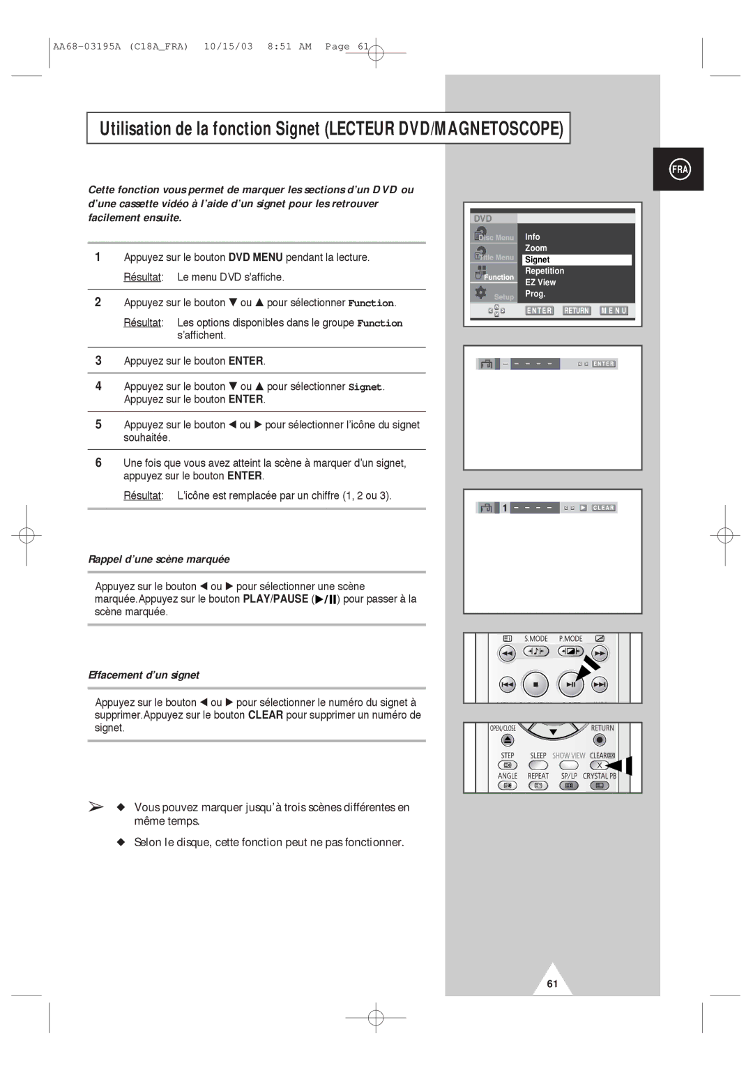 Samsung UW17J11VD5XXEF manual Utilisation de la fonction Signet Lecteur DVD/MAGNETOSCOPE, Rappel d’une scène marquée 