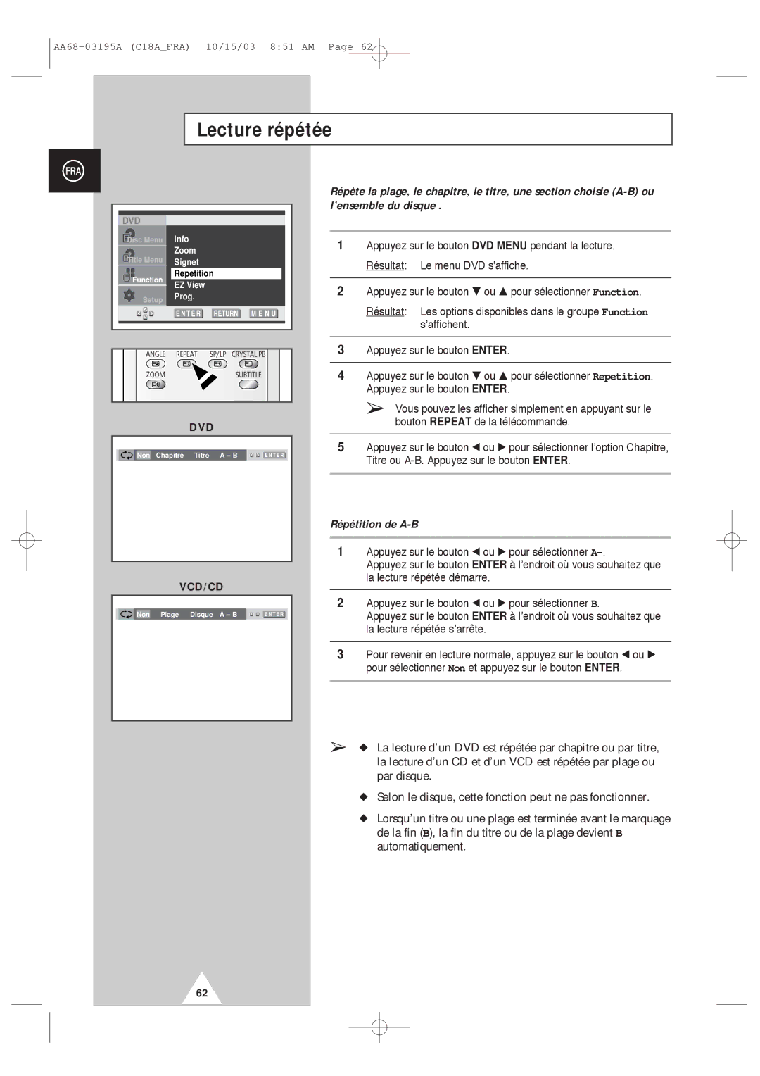 Samsung UW17J11VD5XXEC, UW17J11VD5XXEF manual Lecture répétée, Répétition de A-B 