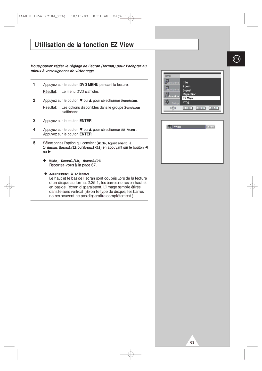 Samsung UW17J11VD5XXEF, UW17J11VD5XXEC manual Utilisation de la fonction EZ View, Wide, Normal/LB, Normal/PS 