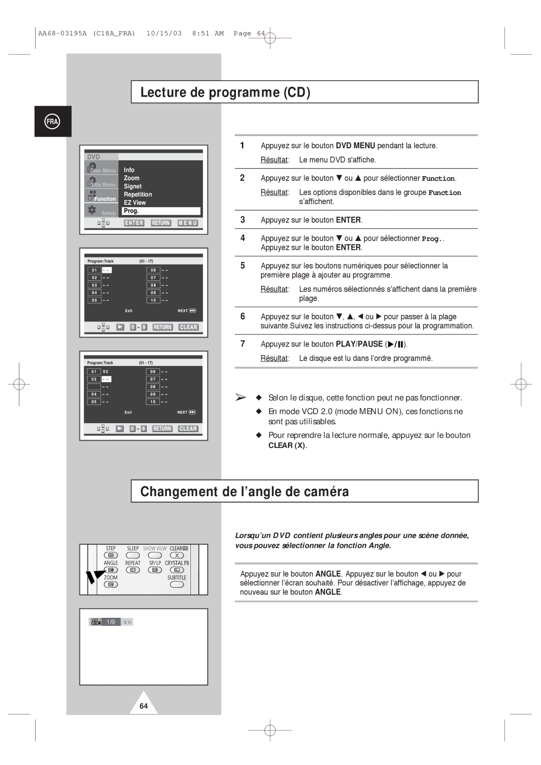 Samsung UW17J11VD5XXEC, UW17J11VD5XXEF manual Lecture de programme CD, Changement de l’angle de caméra 