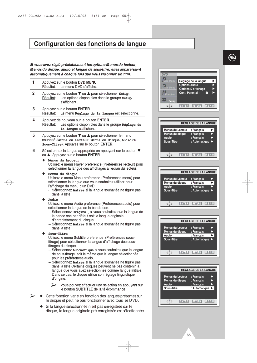 Samsung UW17J11VD5XXEF manual Configuration des fonctions de langue, Menus du Lecteur, Menus du disque, Audio, Sous-Titre 