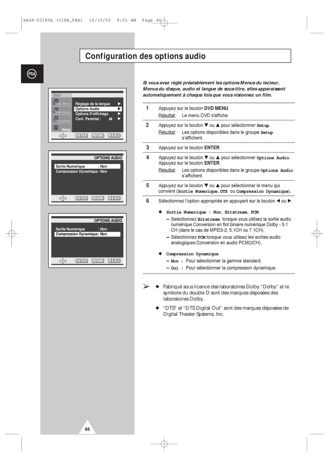 Samsung UW17J11VD5XXEC manual Configuration des options audio, Sortie Numerique Non, Bitstream, PCM, Compression Dynamique 