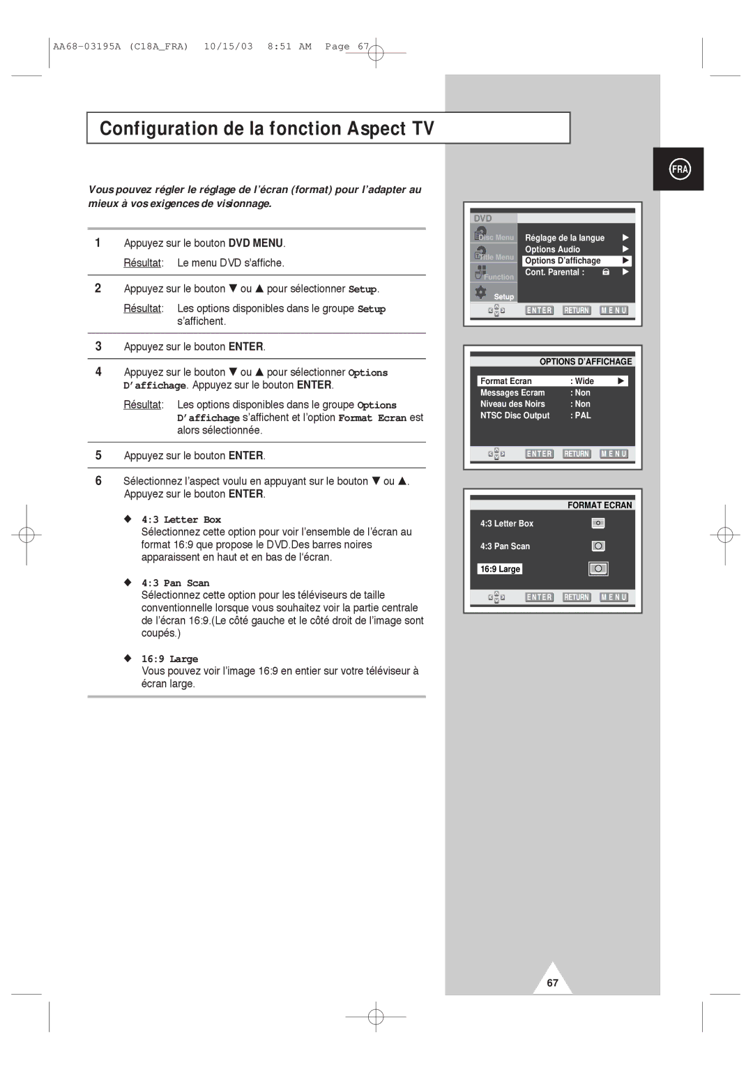 Samsung UW17J11VD5XXEF, UW17J11VD5XXEC manual Configuration de la fonction Aspect TV, Letter Box, Pan Scan, Large 