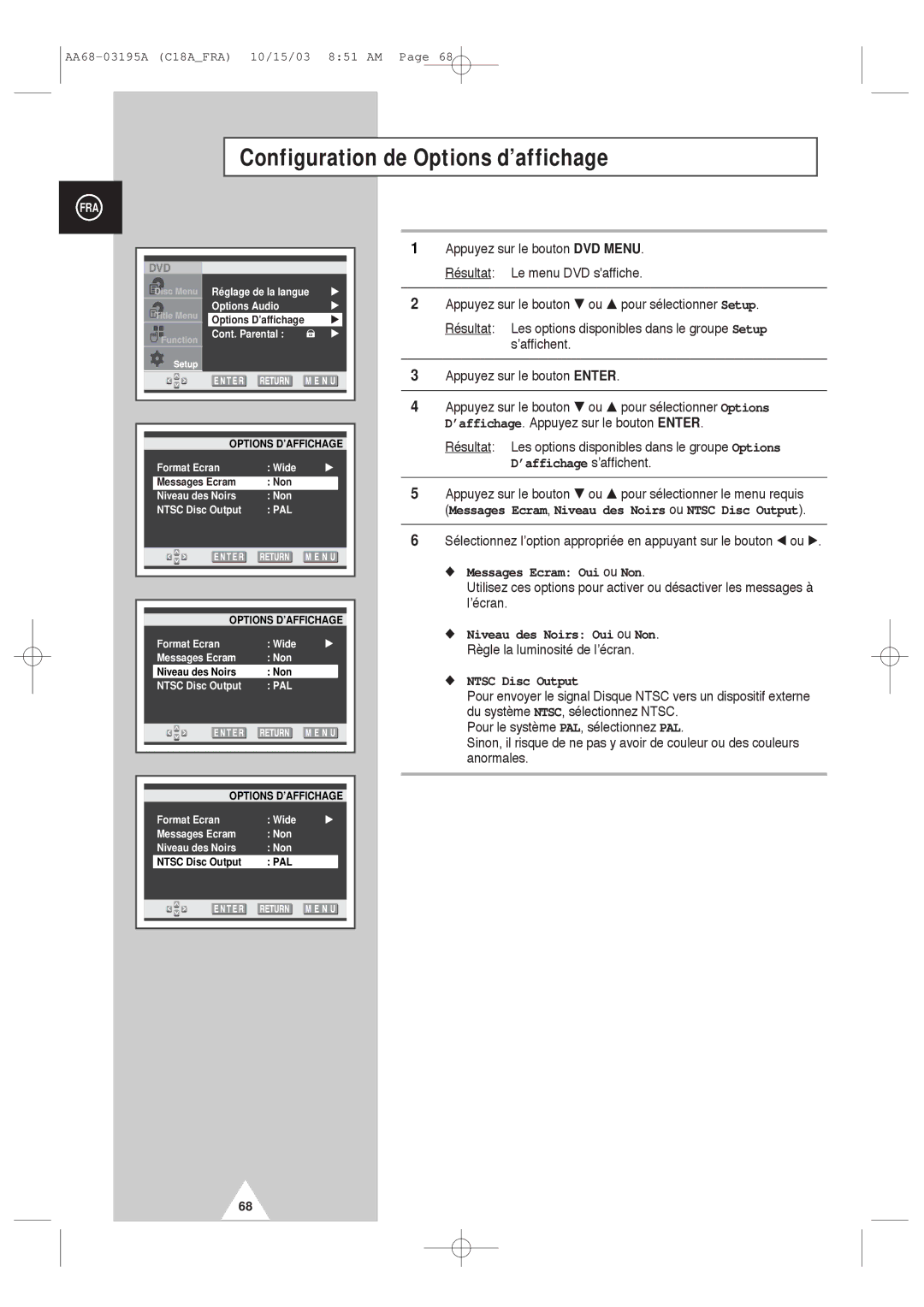 Samsung UW17J11VD5XXEC, UW17J11VD5XXEF Configuration de Options d’affichage, Messages Ecram Oui ou Non, Ntsc Disc Output 