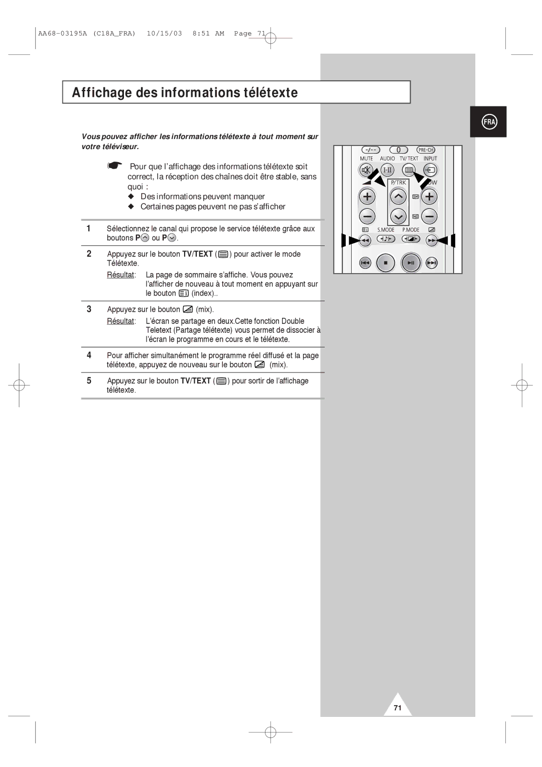 Samsung UW17J11VD5XXEF, UW17J11VD5XXEC manual Affichage des informations télétexte 