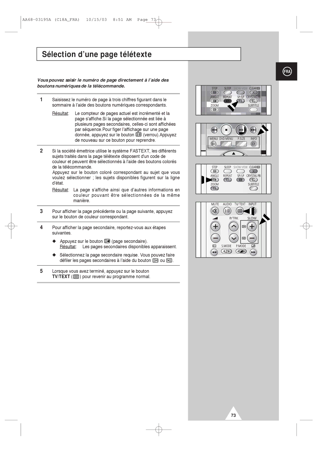 Samsung UW17J11VD5XXEF, UW17J11VD5XXEC manual Sélection d’une page télétexte 