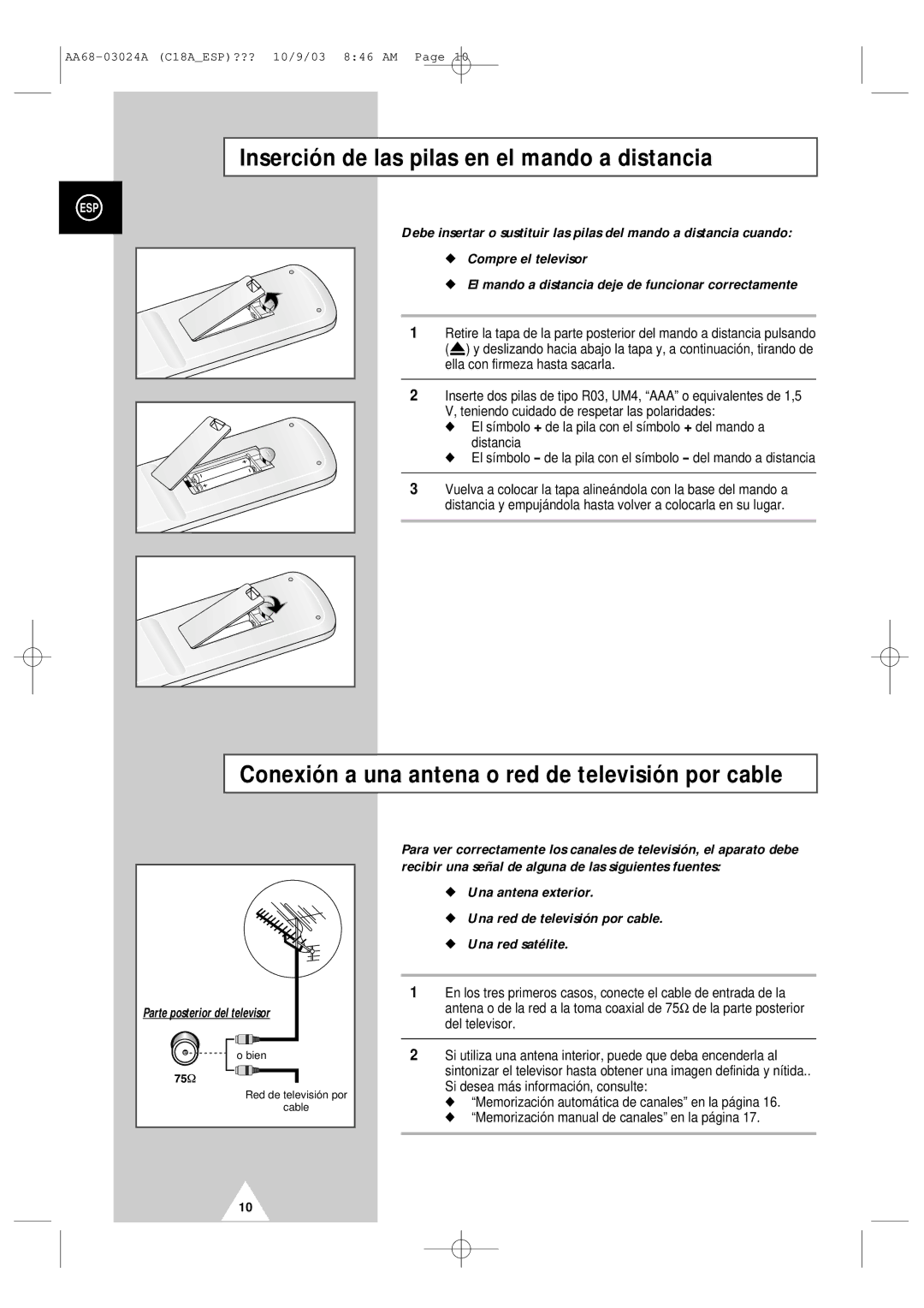 Samsung UW17J11VD5XXEC Inserción de las pilas en el mando a distancia, Conexión a una antena o red de televisión por cable 