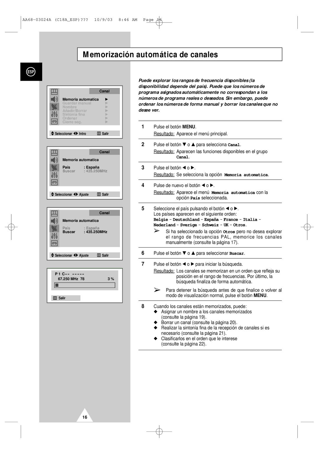 Samsung UW17J11VD5XXEC, UW17J11VD5XXEF manual Memorización automática de canales, Canal 