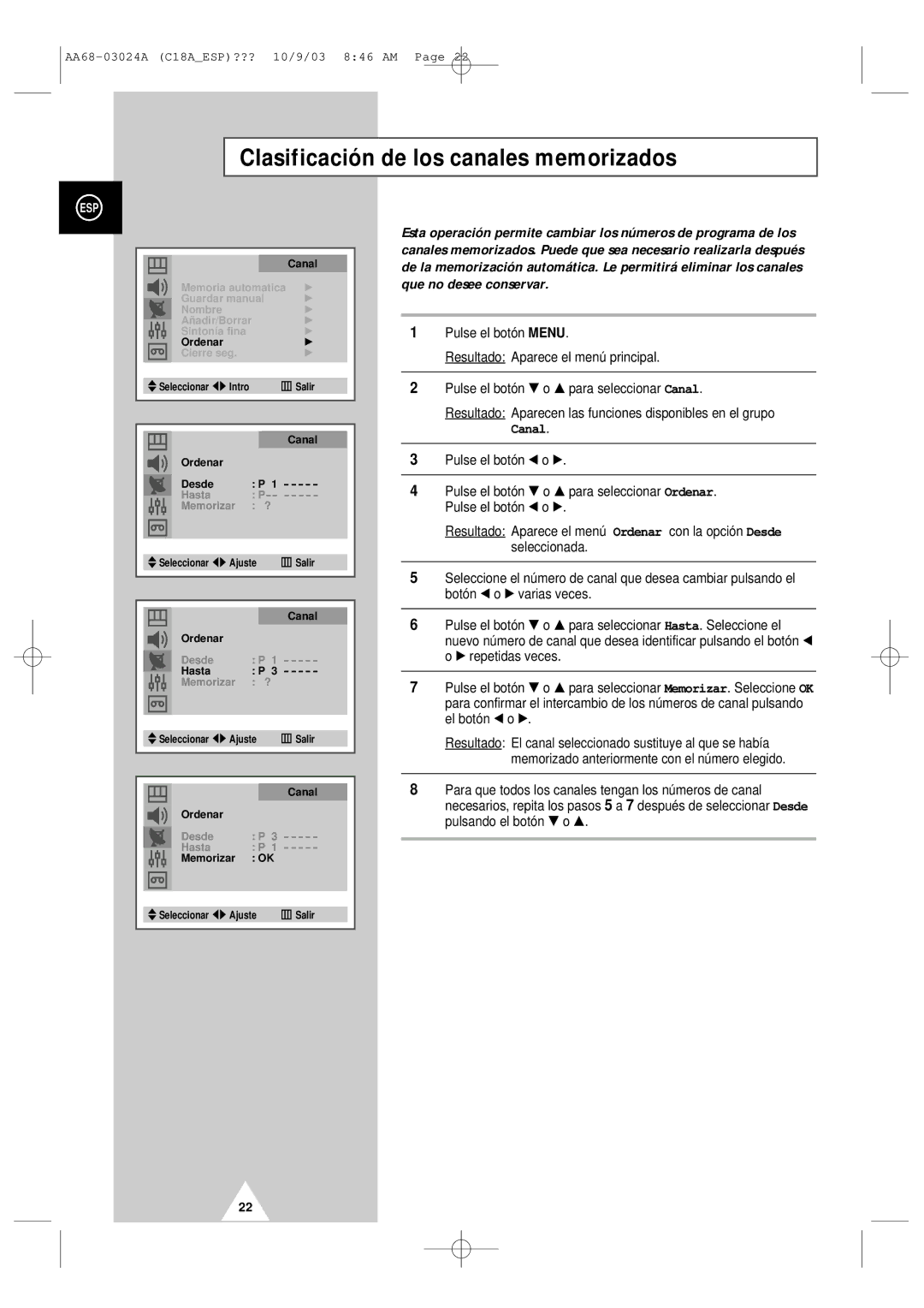 Samsung UW17J11VD5XXEC, UW17J11VD5XXEF manual Clasificación de los canales memorizados 