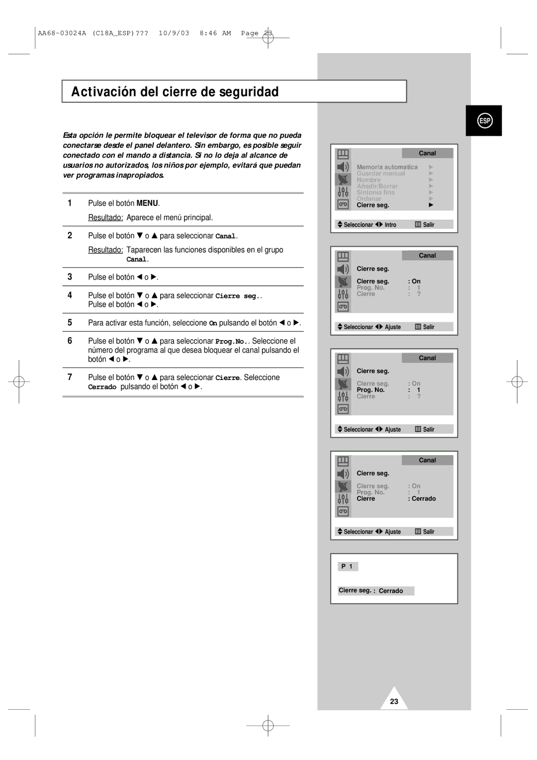 Samsung UW17J11VD5XXEF Activación del cierre de seguridad, Guardar manual Nombre Añ adir/Borrar Sintonía fina Ordenar 