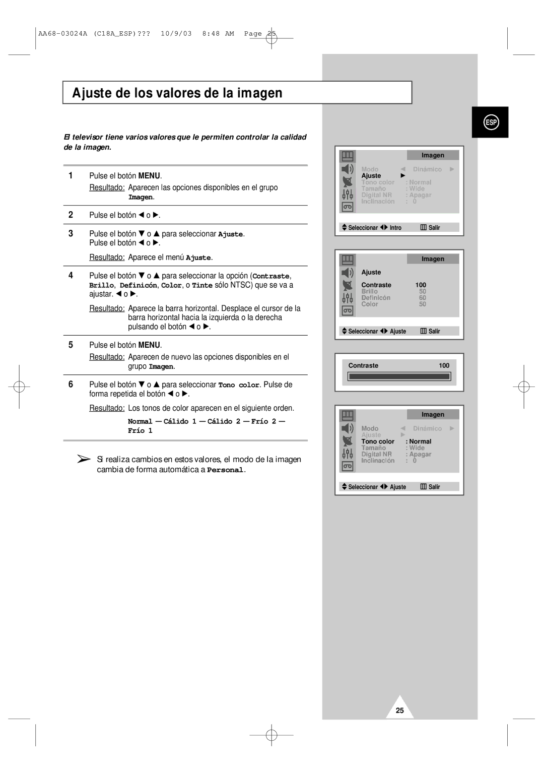 Samsung UW17J11VD5XXEF, UW17J11VD5XXEC manual Ajuste de los valores de la imagen, Normal Cálido 1 Cálido 2 Frío 