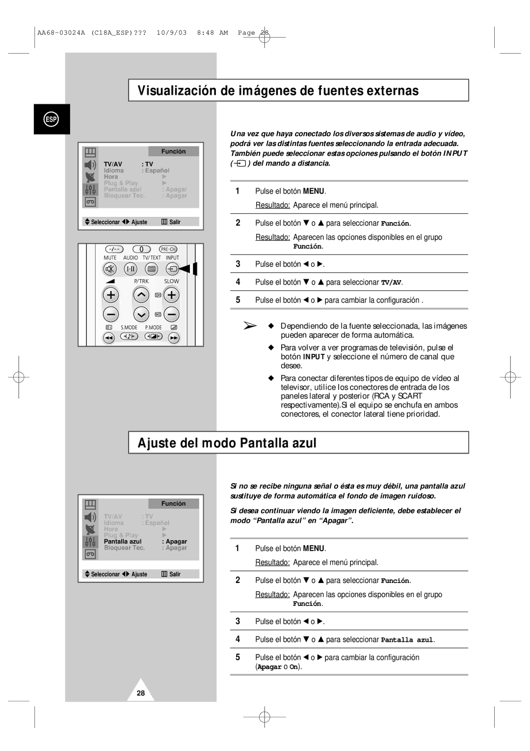 Samsung UW17J11VD5XXEC Visualización de imágenes de fuentes externas, Ajuste del modo Pantalla azul, Del mando a distancia 