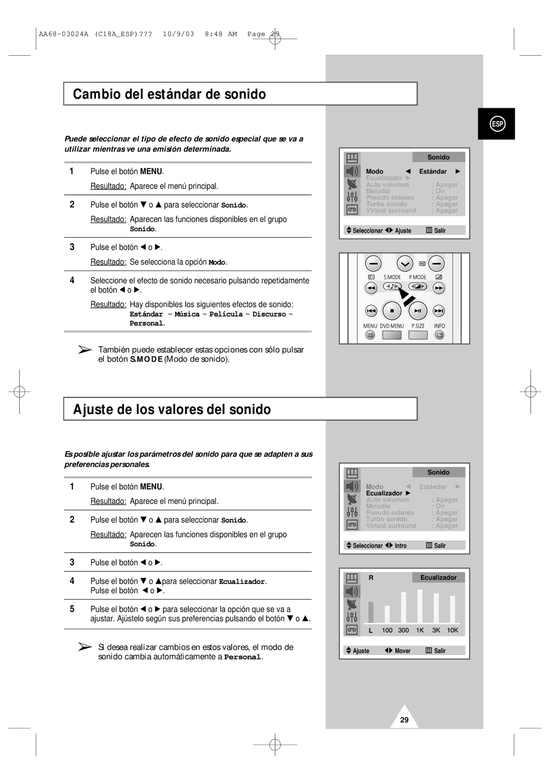 Samsung UW17J11VD5XXEF, UW17J11VD5XXEC manual Cambio del estándar de sonido, Ajuste de los valores del sonido, Sonido 