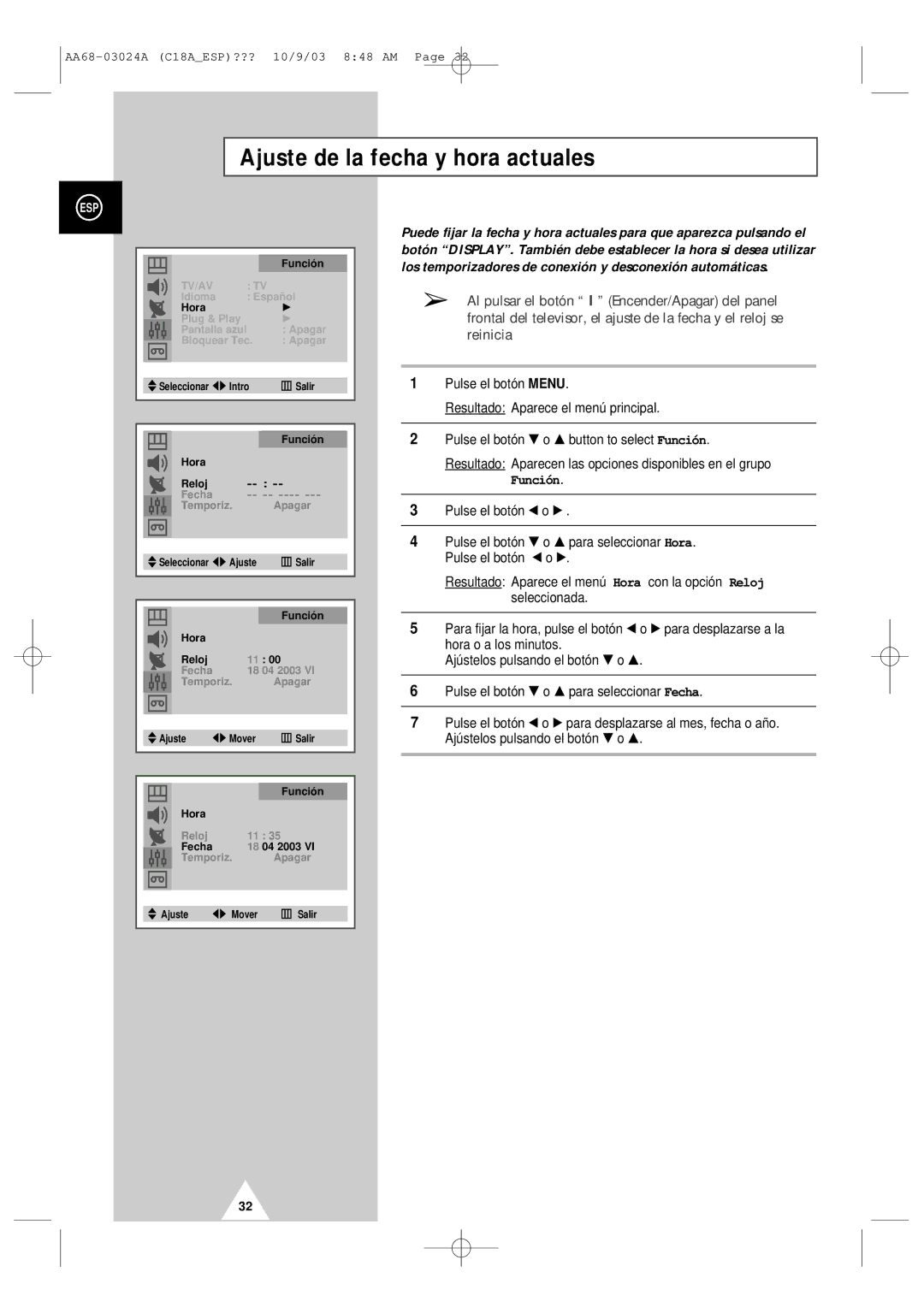 Samsung UW17J11VD5XXEC, UW17J11VD5XXEF manual Ajuste de la fecha y hora actuales, Bloquear Tec Apagar 