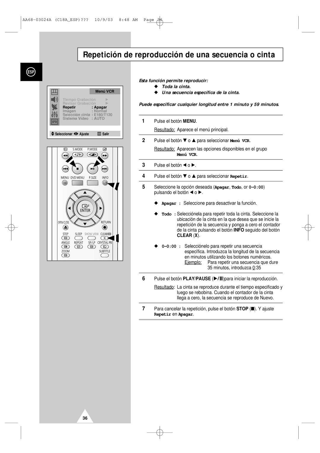 Samsung UW17J11VD5XXEC, UW17J11VD5XXEF Repetición de reproducción de una secuencia o cinta, Menú VCR, Repetir en Apagar 