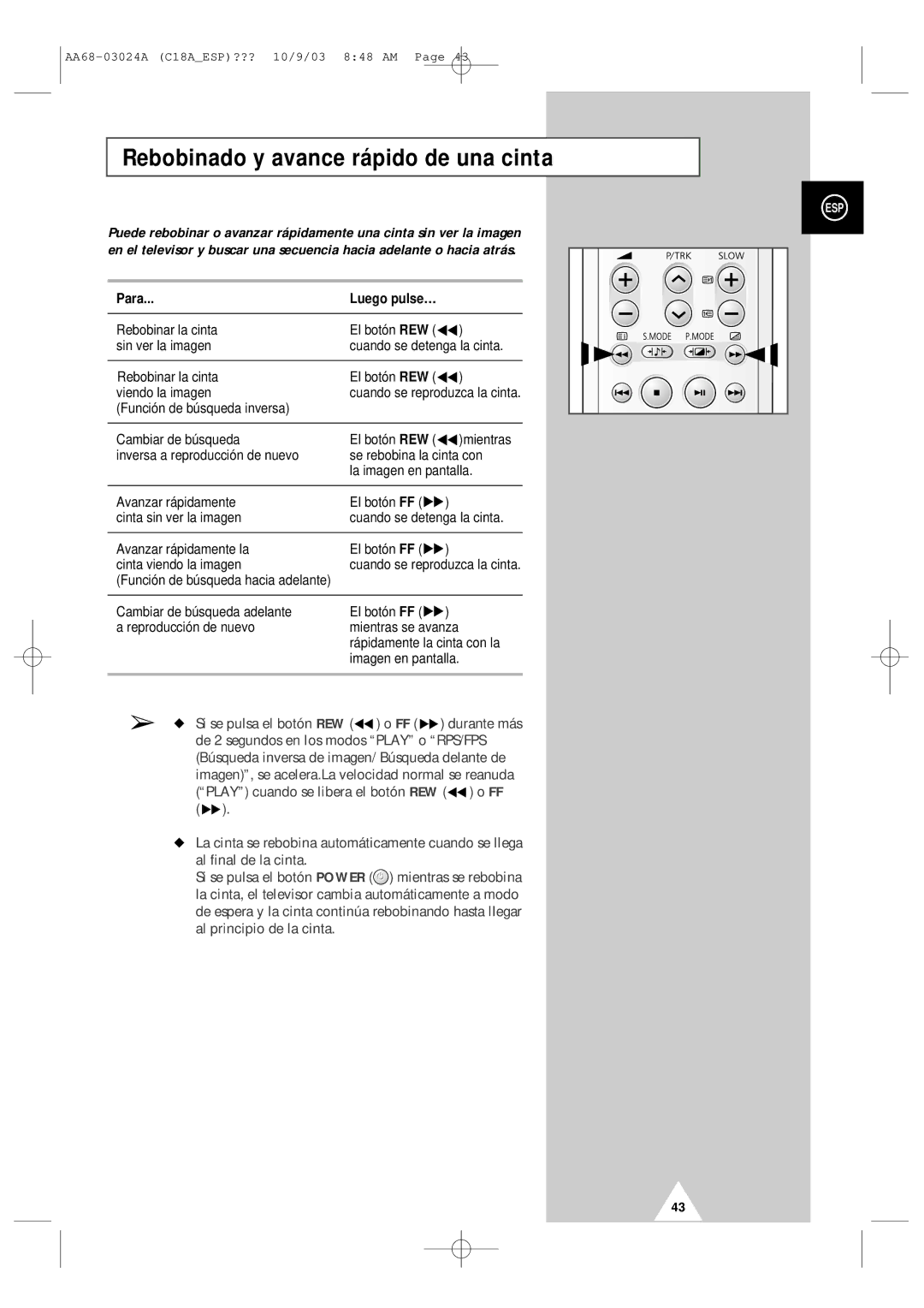 Samsung UW17J11VD5XXEF, UW17J11VD5XXEC manual Rebobinado y avance rápido de una cinta, Para 