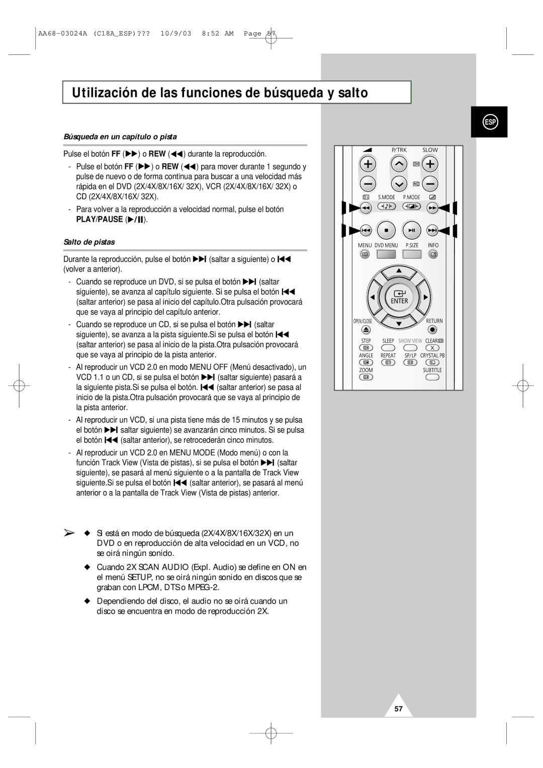 Samsung UW17J11VD5XXEF Utilización de las funciones de búsqueda y salto, Búsqueda en un capítulo o pista, Salto de pistas 