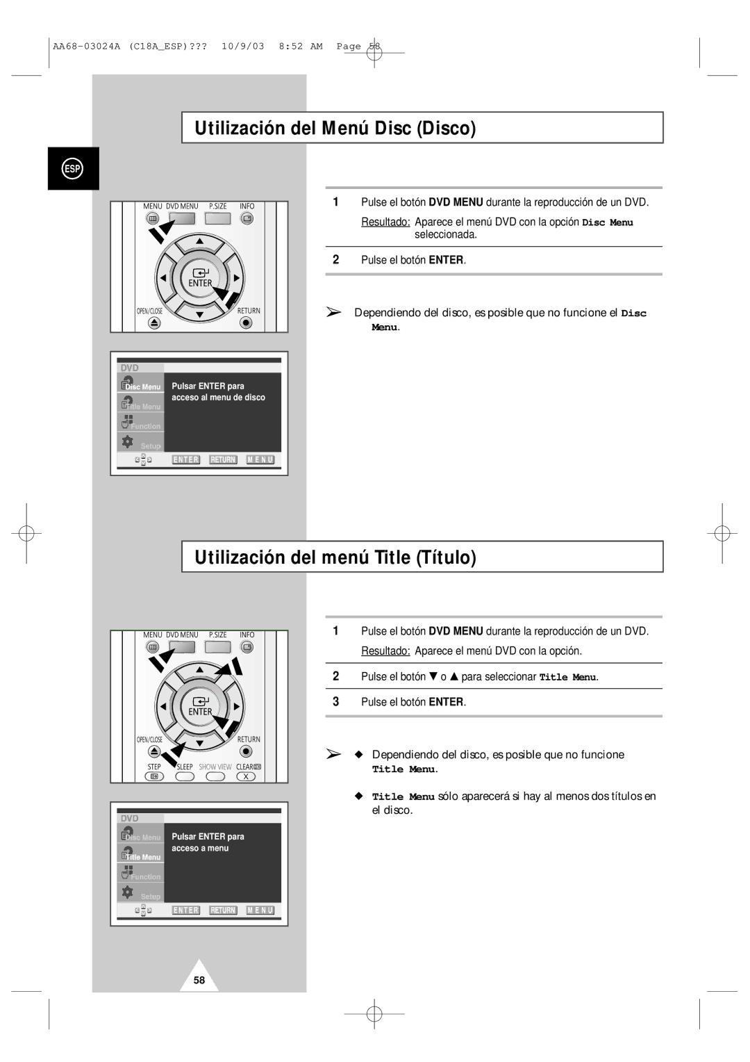 Samsung UW17J11VD5XXEC, UW17J11VD5XXEF manual Utilización del Menú Disc Disco, Utilización del menú Title Título, Title Menu 