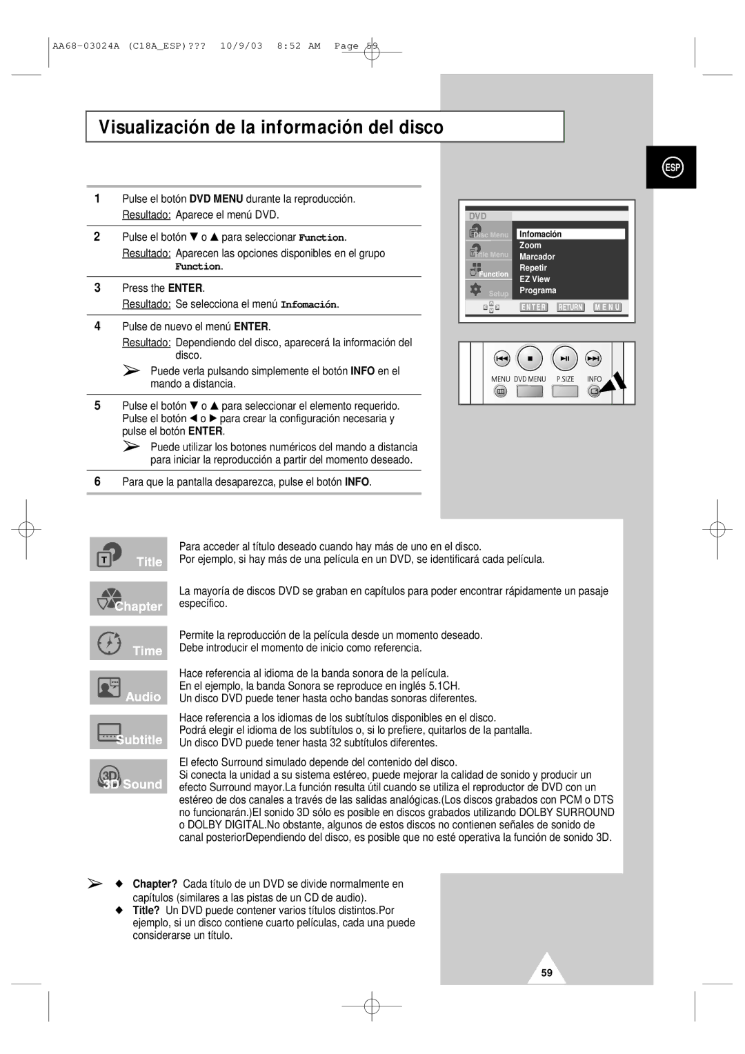 Samsung UW17J11VD5XXEF, UW17J11VD5XXEC manual Visualización de la información del disco, Function 