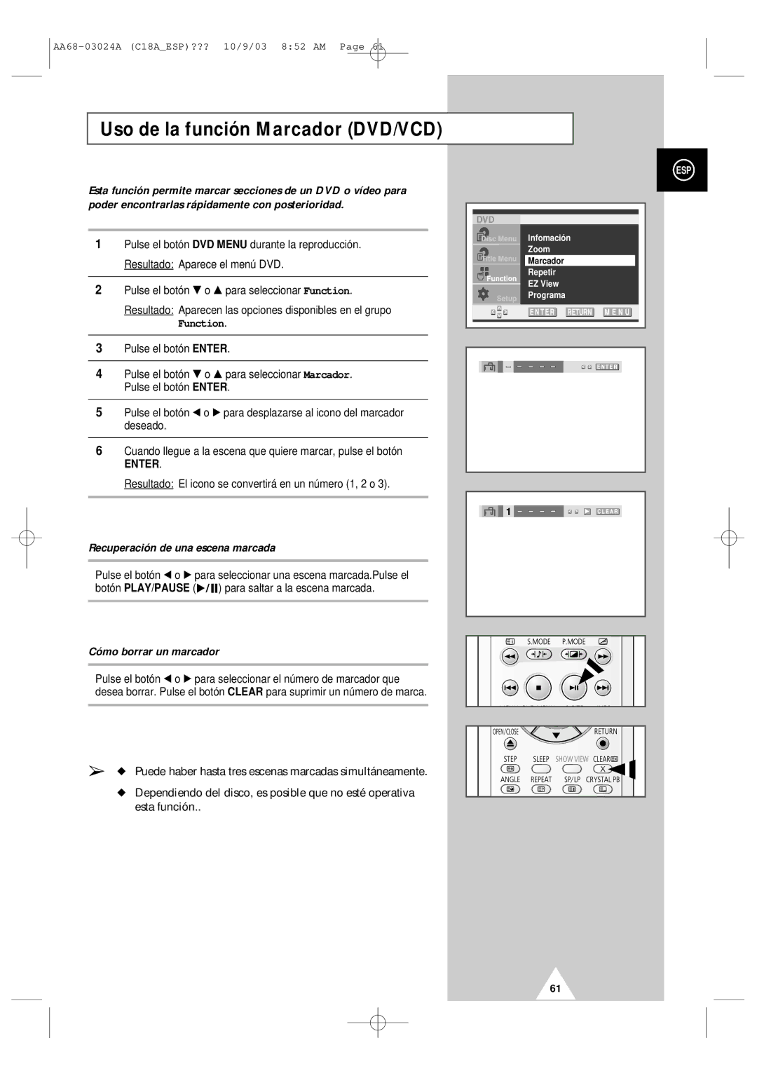 Samsung UW17J11VD5XXEF manual Uso de la función Marcador DVD/VCD, Resultado El icono se convertirá en un número 1, 2 o 