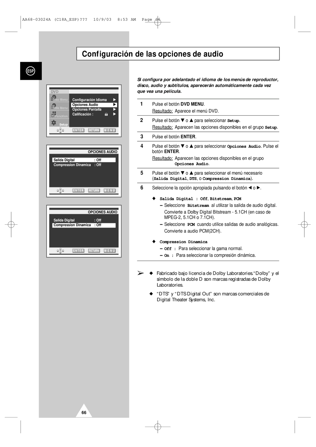 Samsung UW17J11VD5XXEC manual Configuración de las opciones de audio, Opciones Audio, Salida Digital Off, Bitstream, PCM 