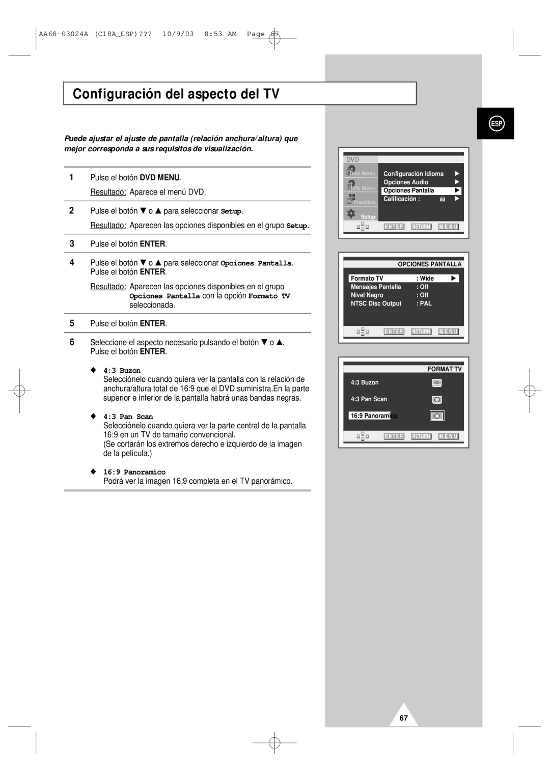 Samsung UW17J11VD5XXEF, UW17J11VD5XXEC manual Configuración del aspecto del TV, Buzon, Pan Scan, Panoramico 