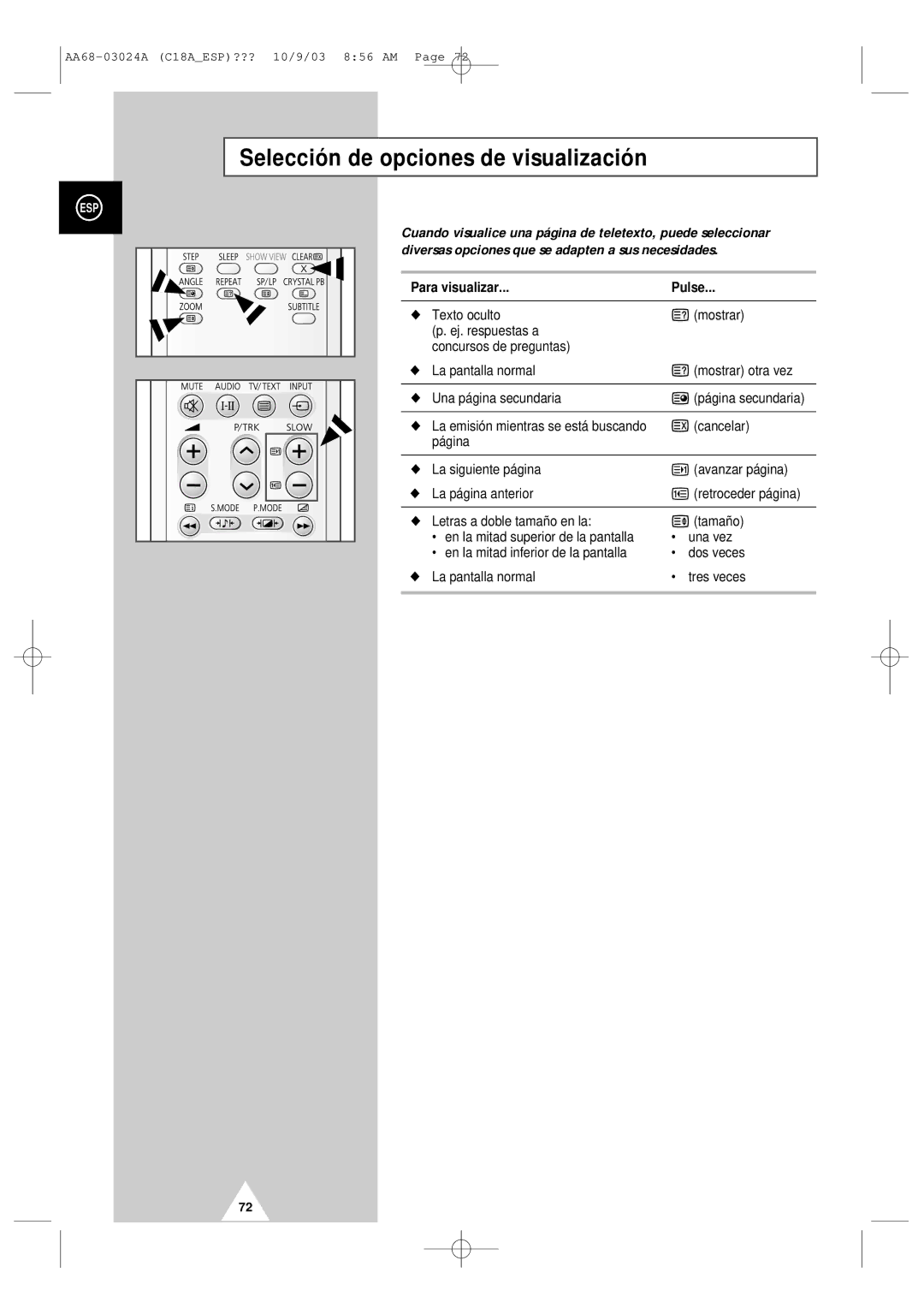 Samsung UW17J11VD5XXEC, UW17J11VD5XXEF manual Selección de opciones de visualización, Para visualizar Pulse, Cancelar 