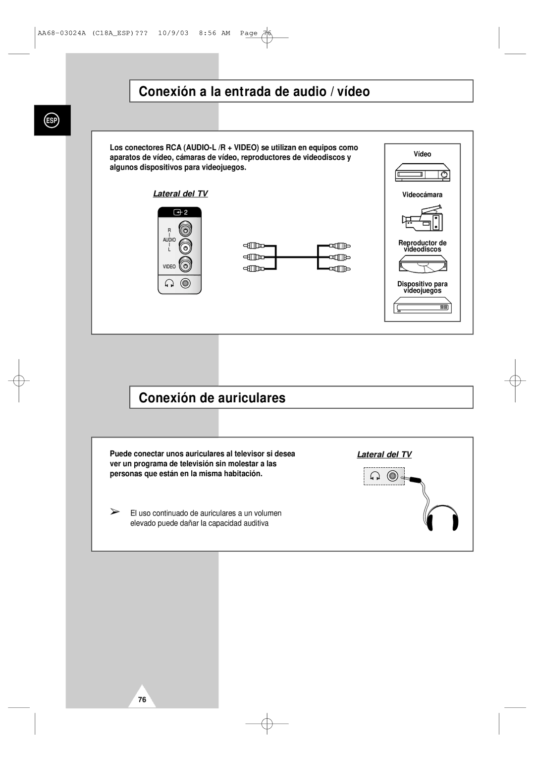 Samsung UW17J11VD5XXEC, UW17J11VD5XXEF manual Conexión a la entrada de audio / vídeo, Conexión de auriculares 