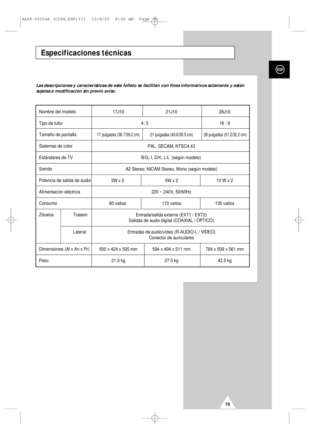 Samsung UW17J11VD5XXEF, UW17J11VD5XXEC manual Especificaciones técnicas 