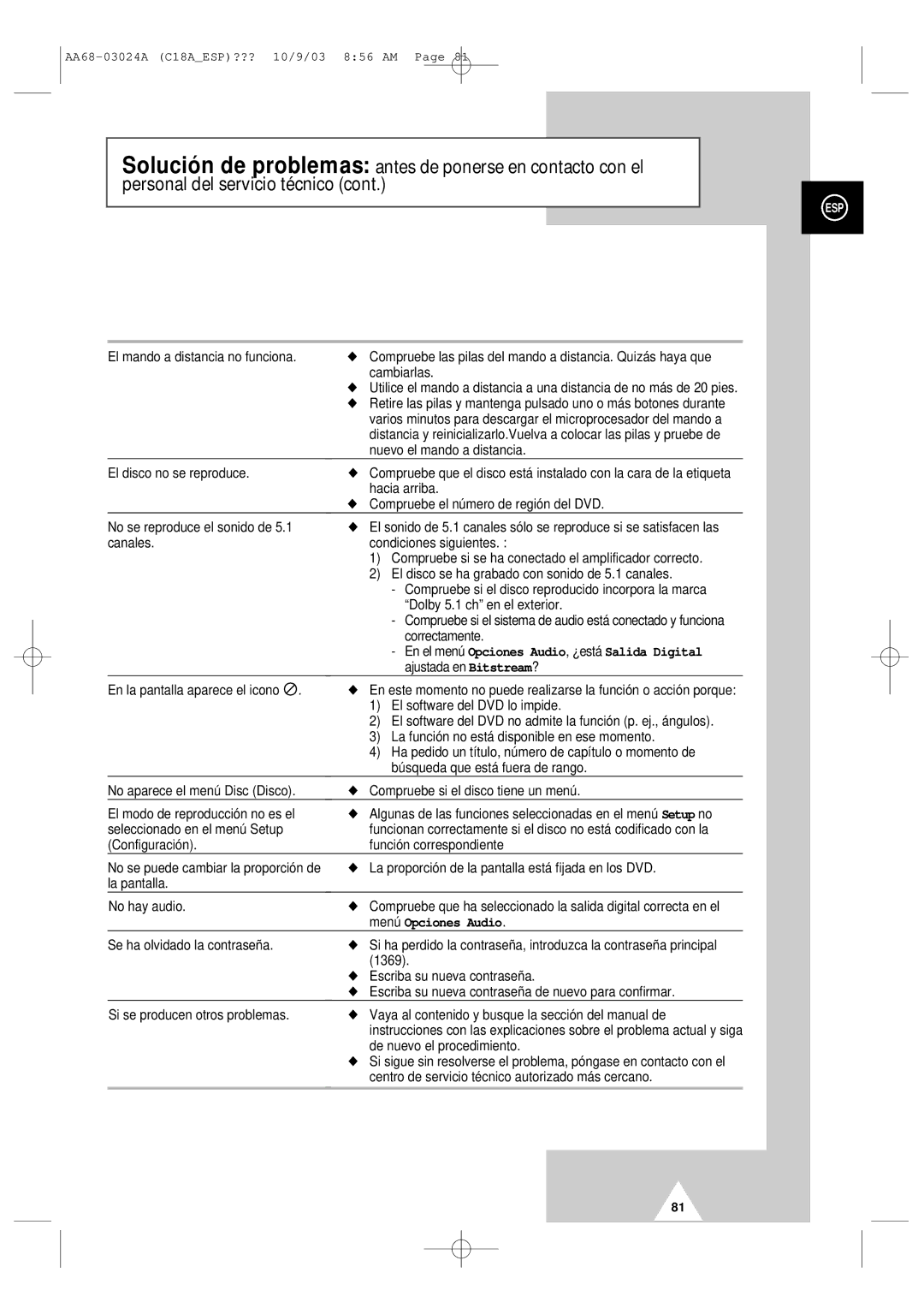 Samsung UW17J11VD5XXEF, UW17J11VD5XXEC manual Menú Opciones Audio 