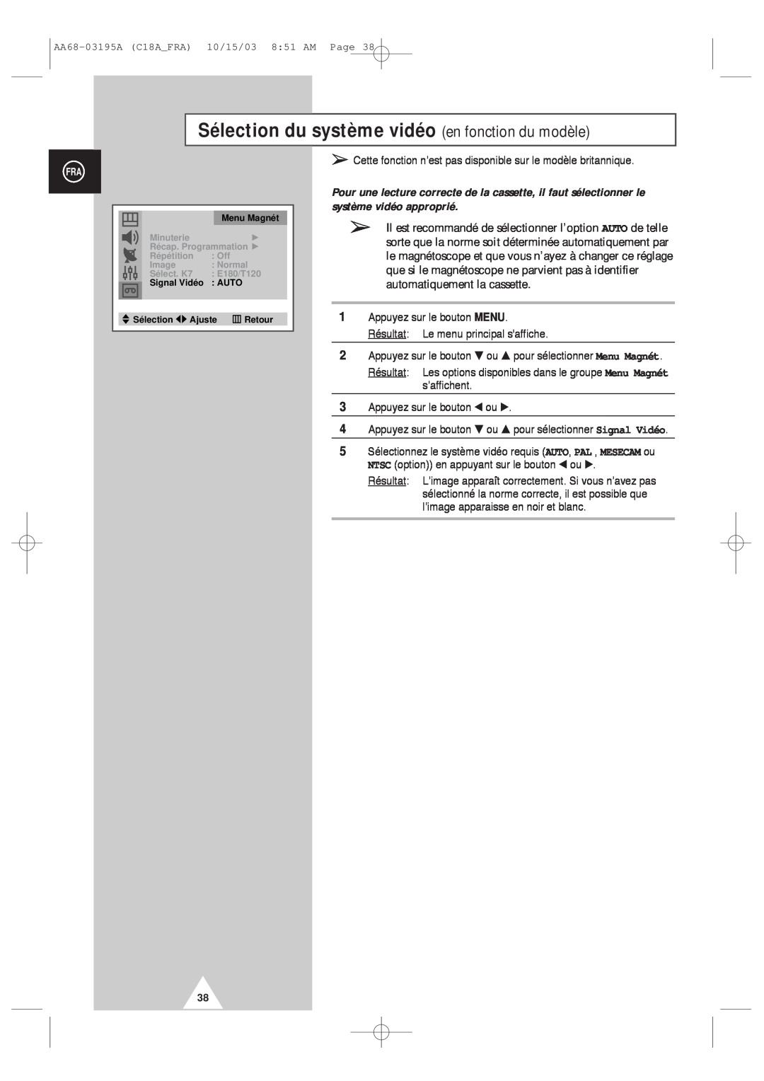Samsung UW17J11VD5XXEC manual Sélection du système vidéo en fonction du modèle, AA68-03195A C18AFRA 10/15/03 851 AM Page 