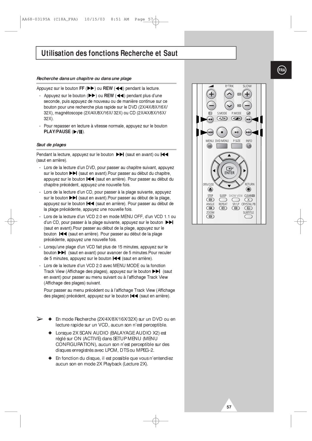 Samsung UW17J11VD5XXEF manual Utilisation des fonctions Recherche et Saut, Recherche dans un chapitre ou dans une plage 