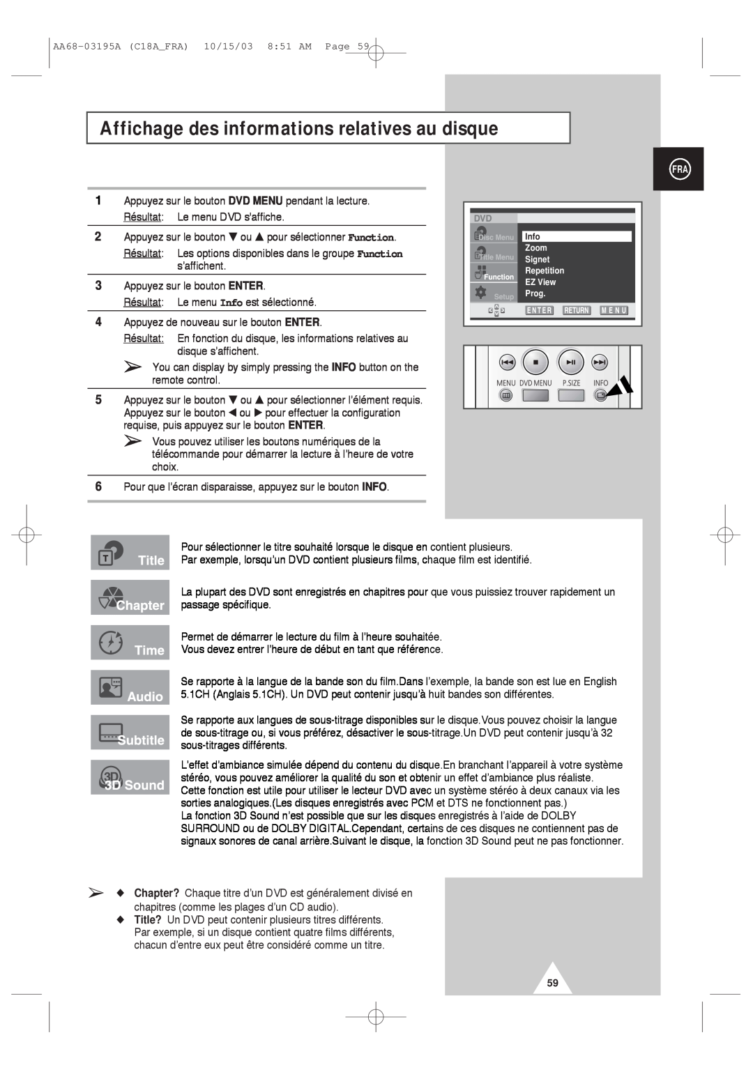 Samsung UW17J11VD5XXEF, UW17J11VD5XXEC manual Affichage des informations relatives au disque 