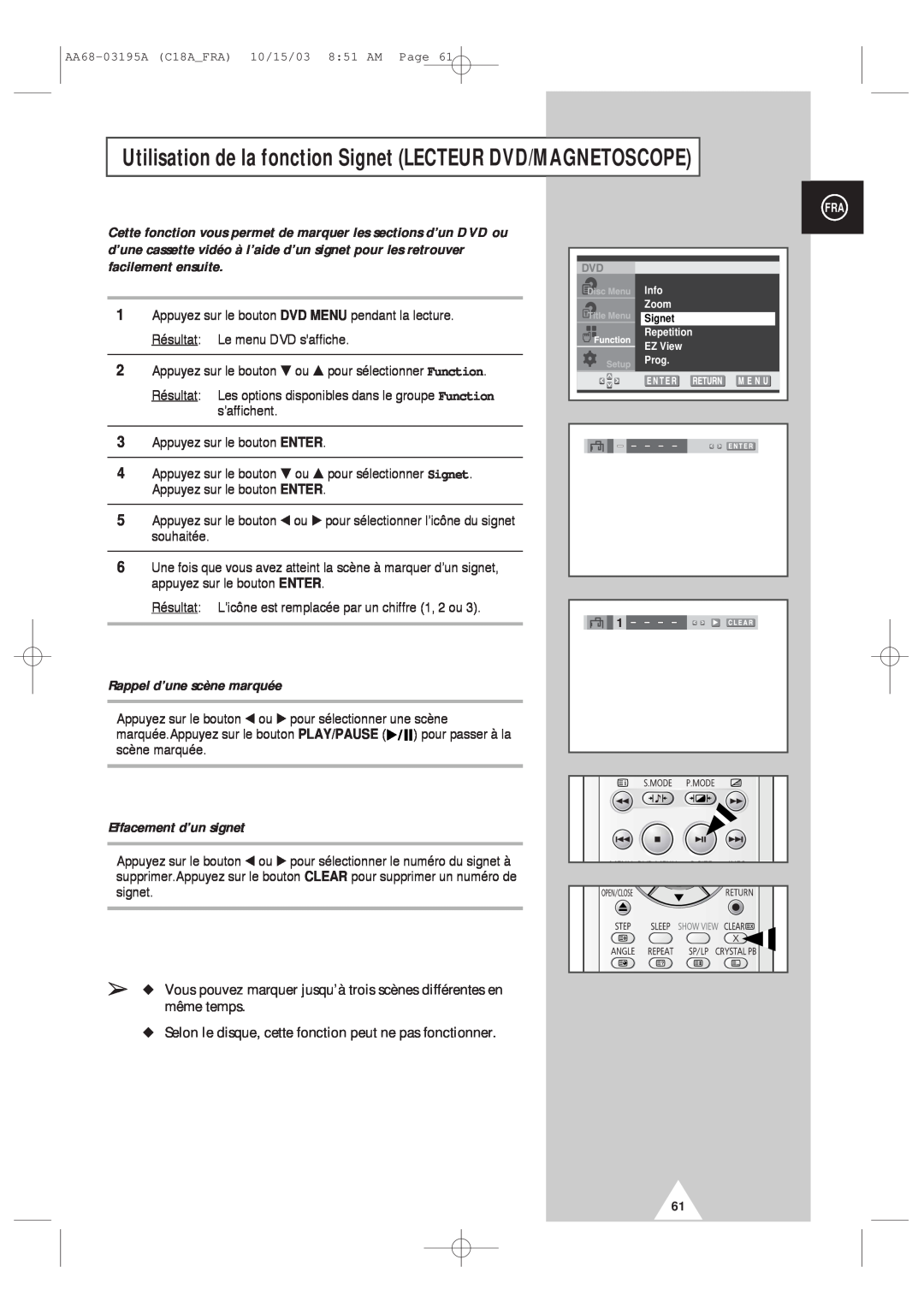 Samsung UW17J11VD5XXEF manual Utilisation de la fonction Signet LECTEUR DVD/MAGNETOSCOPE, Rappel d’une scène marquée 