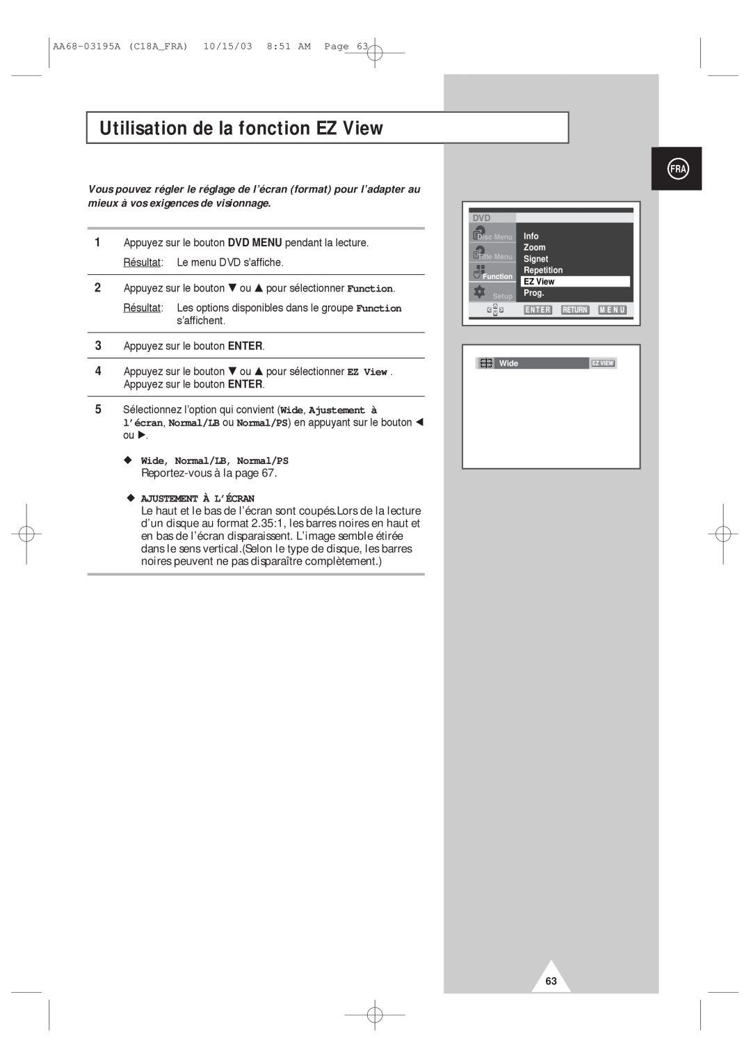 Samsung UW17J11VD5XXEF manual Utilisation de la fonction EZ View, Wide, Normal/LB, Normal/PS, Reportez-vous à la page 