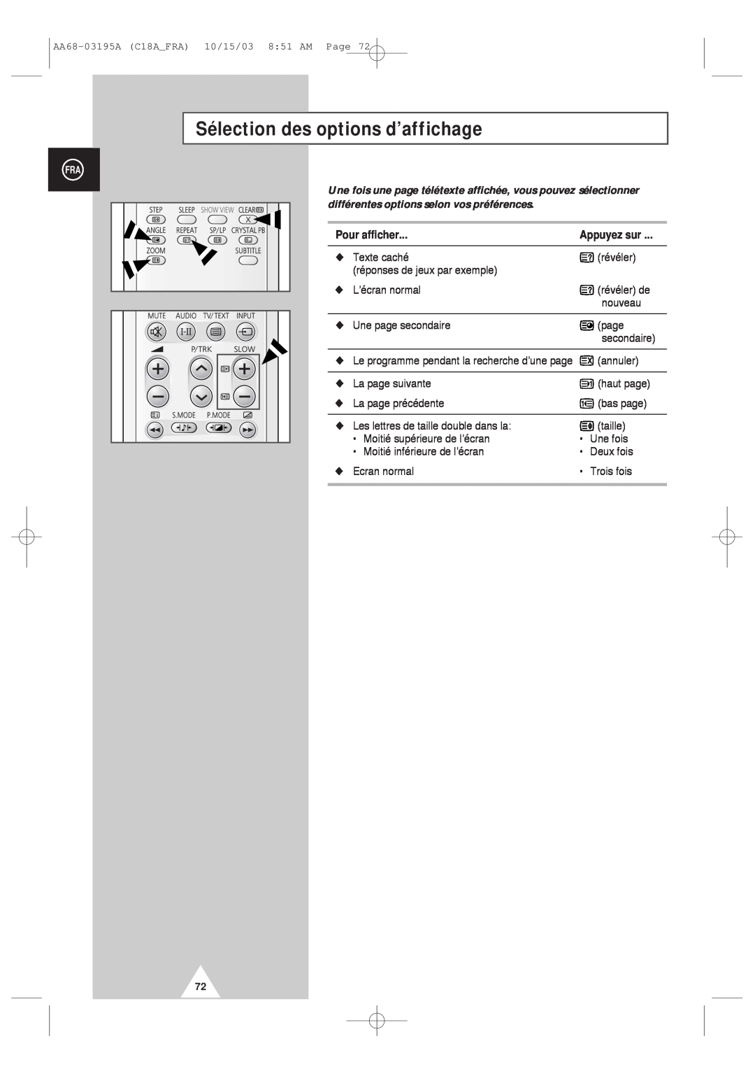 Samsung UW17J11VD5XXEC, UW17J11VD5XXEF manual Sélection des options d’affichage, Pour afficher 