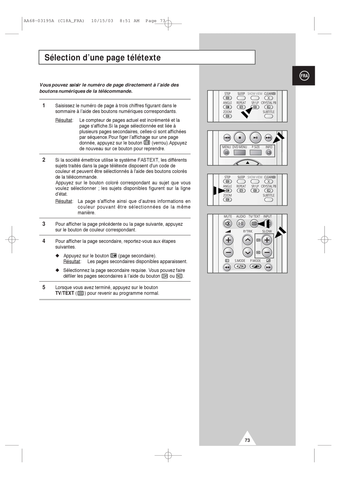 Samsung UW17J11VD5XXEF, UW17J11VD5XXEC manual Sélection d’une page télétexte 